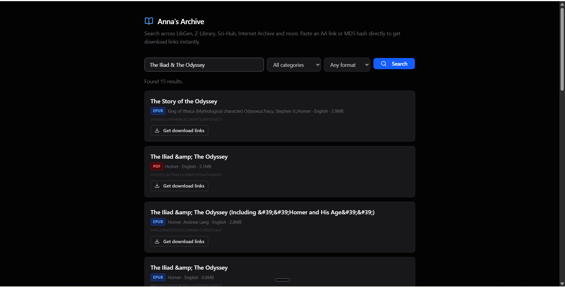 Anna's Archive Download search results with colorful format badges