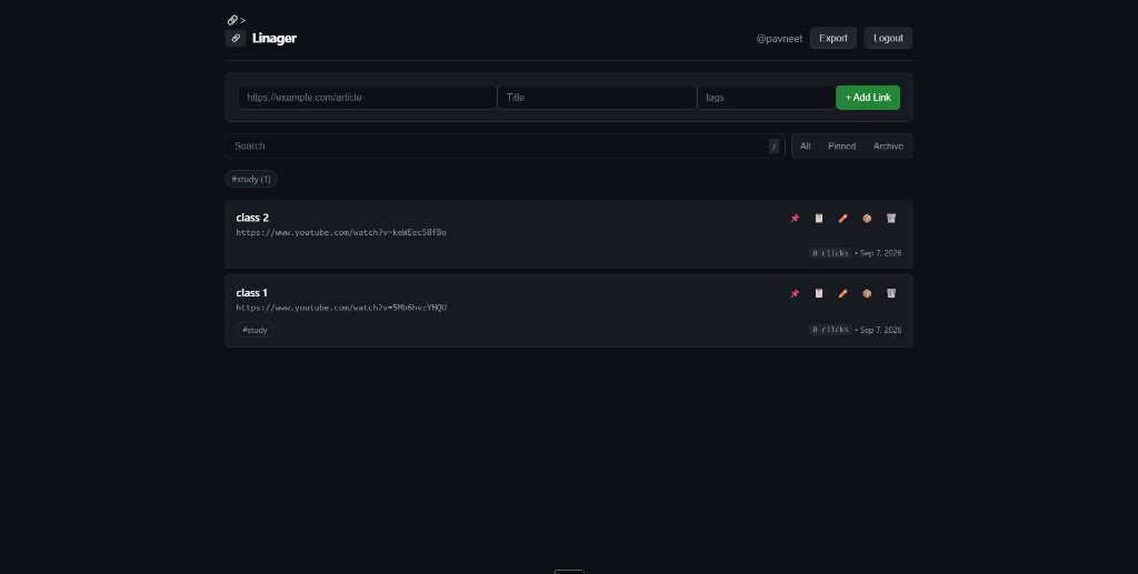 Linager Link Manager Dashboard Interface