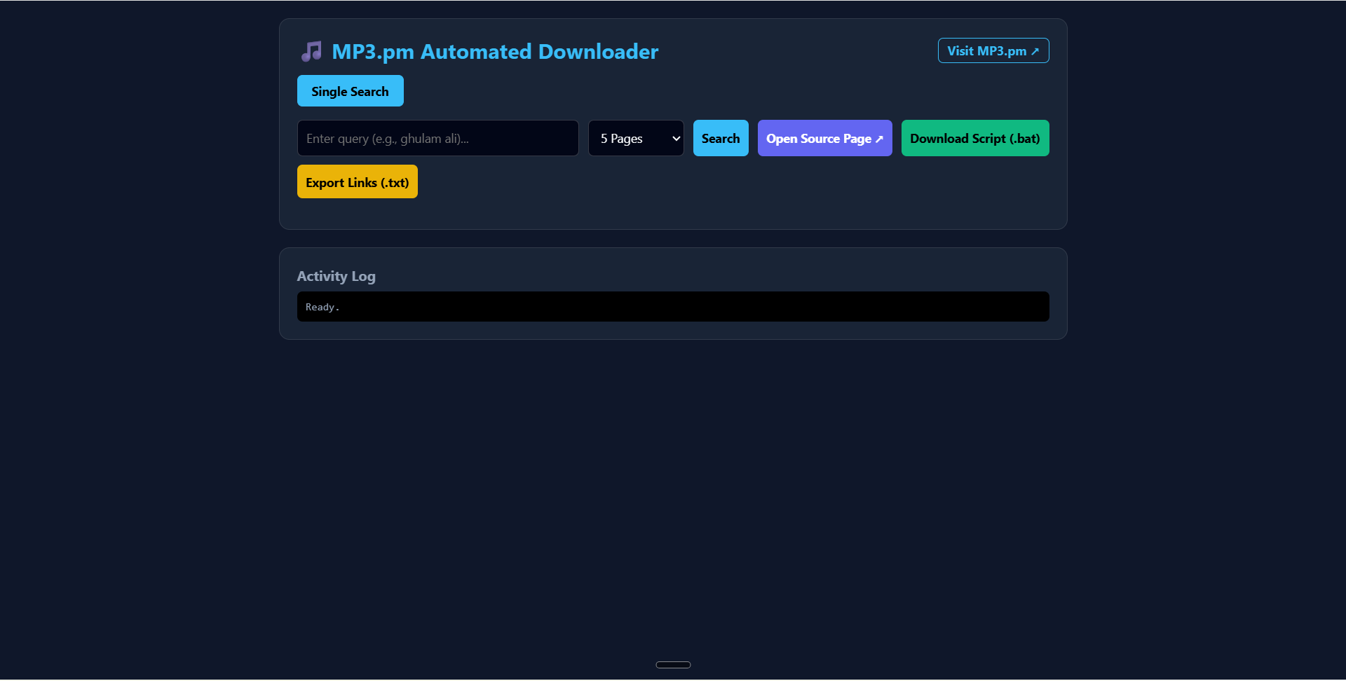 MP3.pm Downloader Hub Dashboard Interface