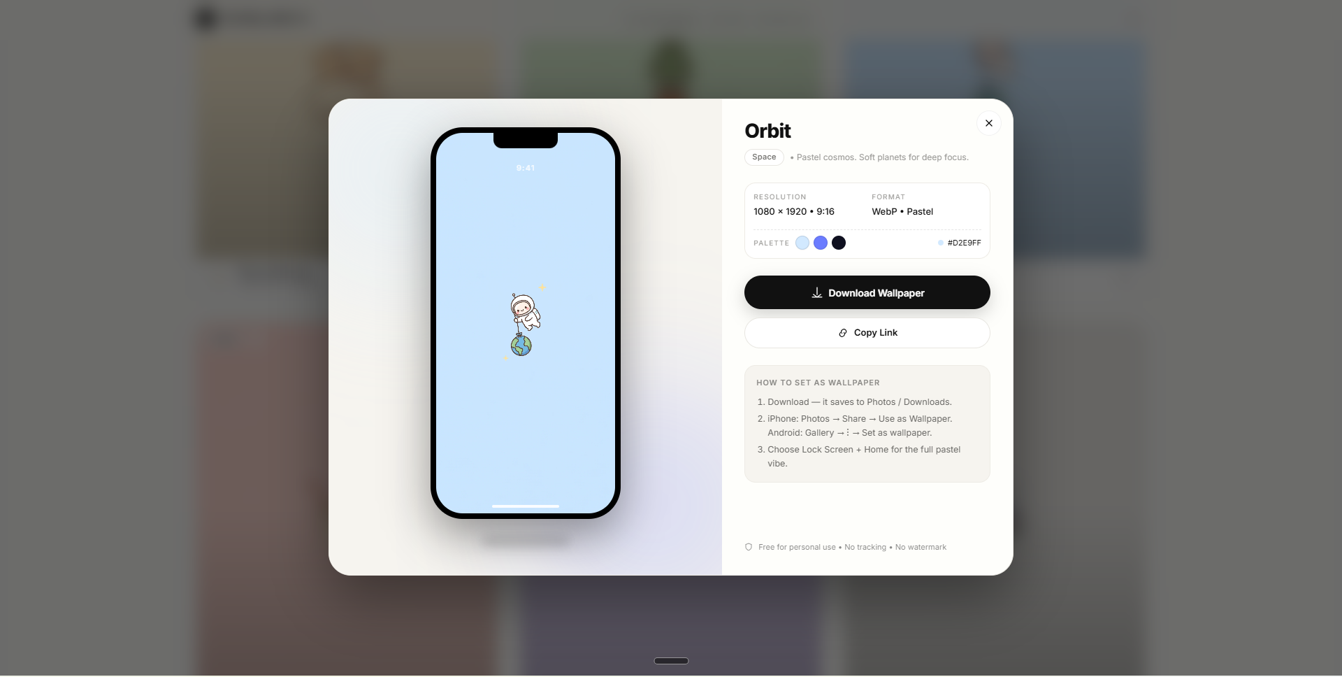 Pastel Drop wallpaper modal preview showing filter tags and wallpaper grid